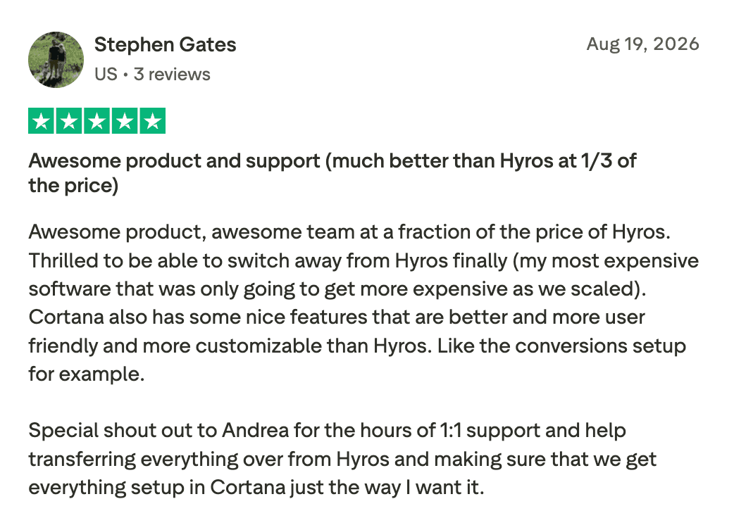 Original Trustpilot review by Stephen Gates: Much better than Hyros at 1/3 of the price