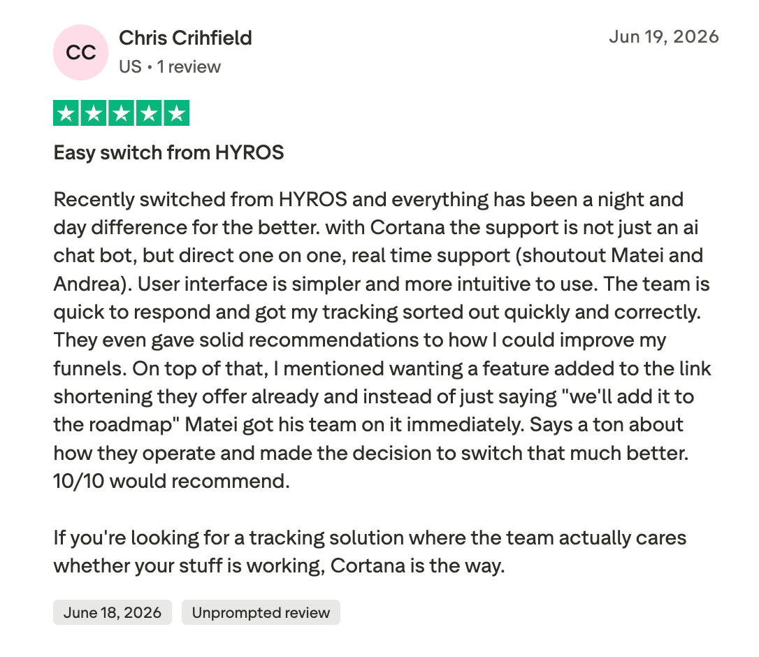 Original Trustpilot review by Chris Crihfield: Easy switch from HYROS — night and day for the better