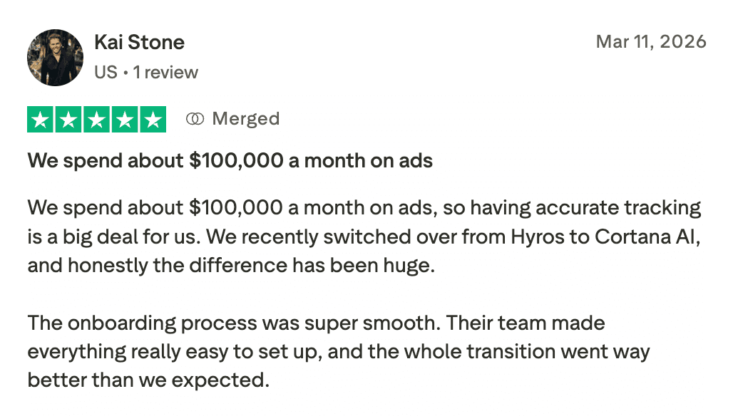 Original Trustpilot review by Kai Stone: $100,000 a month on ads — the difference has been huge